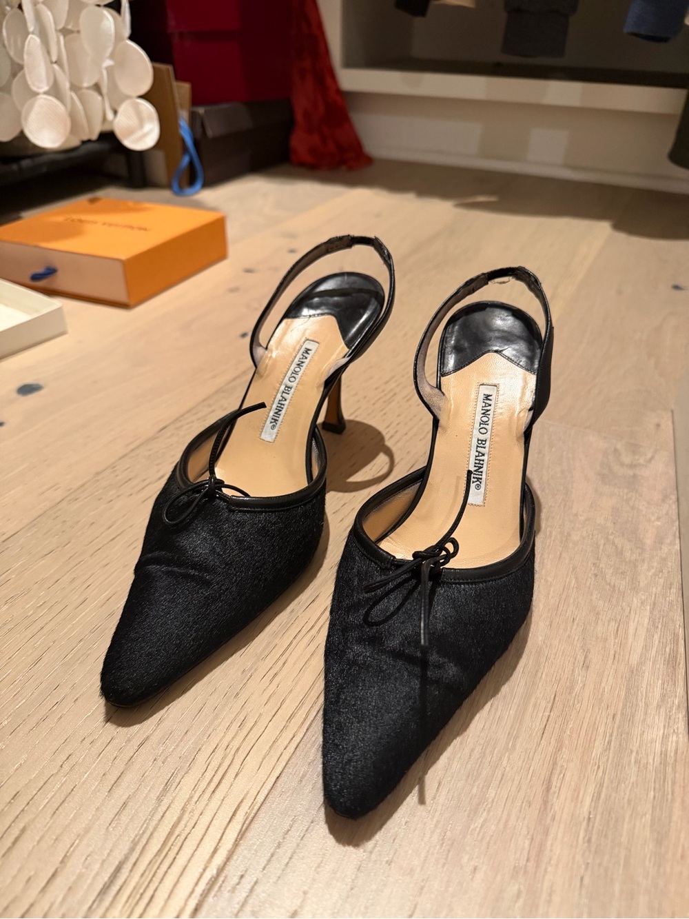 Manolo Blahnik Black Pointed Slingback Heels with Bow